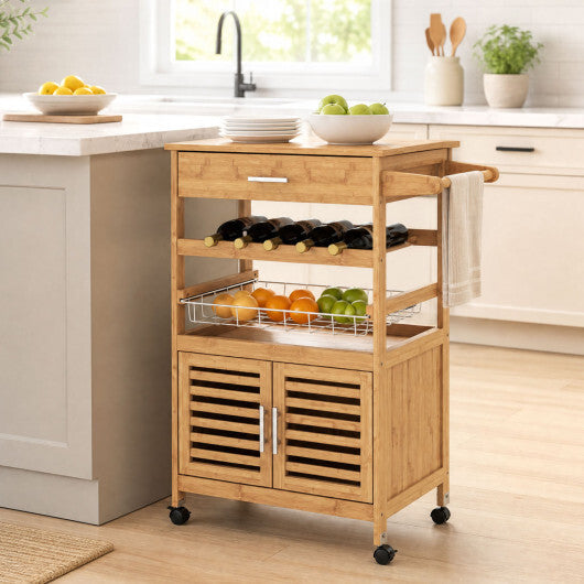 Bamboo Rolling Kitchen Island Trolley with Storage Cabinet and Wine Rack-Natural W2B