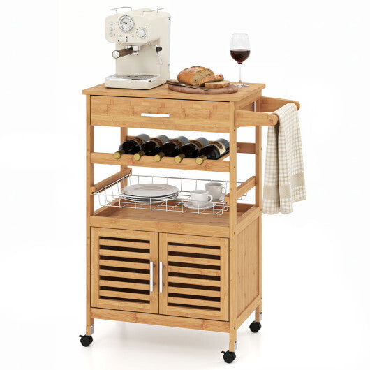 Bamboo Rolling Kitchen Island Trolley with Storage Cabinet and Wine Rack-Natural W2B