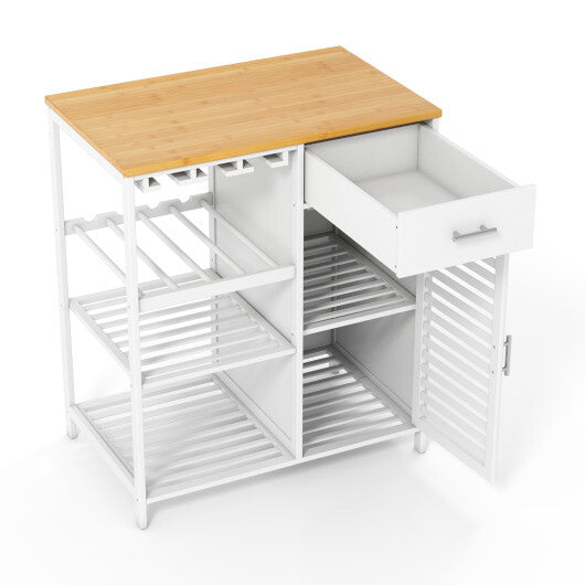Coffee Bar Cabinet with Glass Holder Wine Rack and Bamboo Top-White W2B