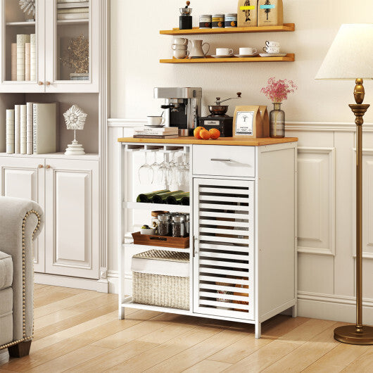 Coffee Bar Cabinet with Glass Holder Wine Rack and Bamboo Top-White W2B