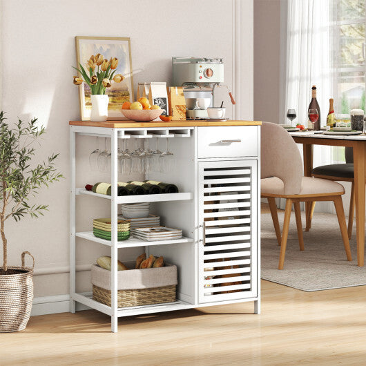 Coffee Bar Cabinet with Glass Holder Wine Rack and Bamboo Top-White W2B