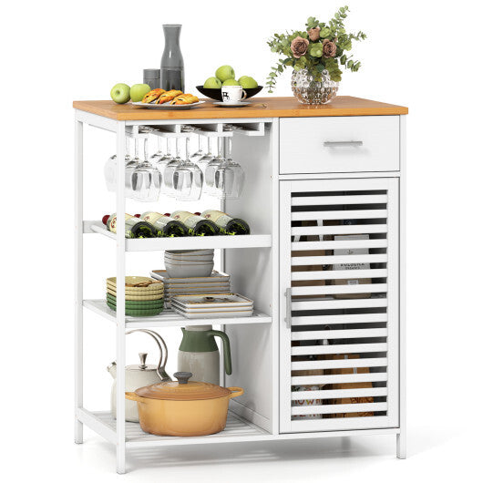 Coffee Bar Cabinet with Glass Holder Wine Rack and Bamboo Top-White W2B