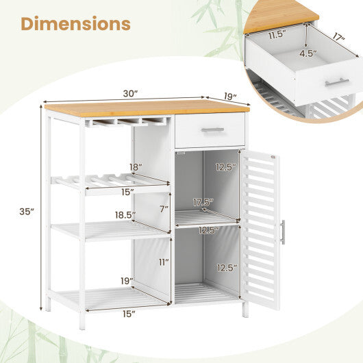 Coffee Bar Cabinet with Glass Holder Wine Rack and Bamboo Top-White W2B