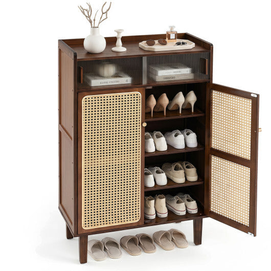 5-Tier Bamboo Shoe Cabinet with Woven Rattan Doors and Sliding Doors for Entryway-Walnut W2B