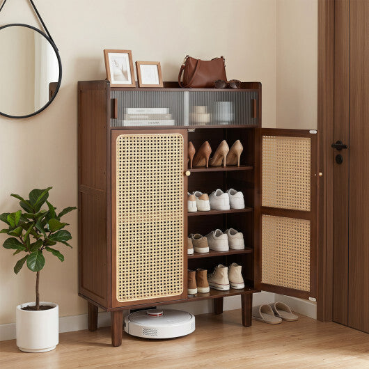 5-Tier Bamboo Shoe Cabinet with Woven Rattan Doors and Sliding Doors for Entryway-Walnut W2B