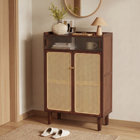 5-Tier Bamboo Shoe Cabinet with Woven Rattan Doors and Sliding Doors for Entryway-Walnut W2B