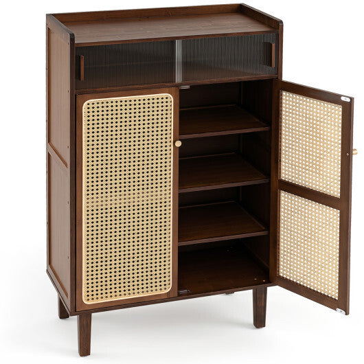 5-Tier Bamboo Shoe Cabinet with Woven Rattan Doors and Sliding Doors for Entryway-Walnut W2B