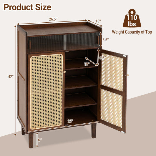 5-Tier Bamboo Shoe Cabinet with Woven Rattan Doors and Sliding Doors for Entryway-Walnut W2B