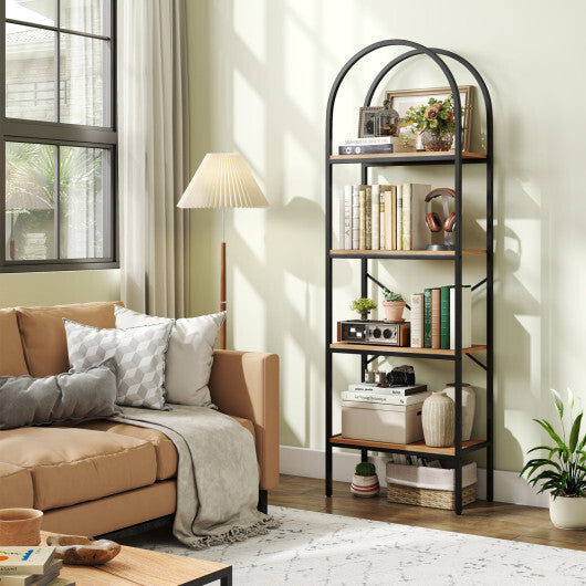 71" Tall Arched Bookcase 4-Tier with Storage Shelves & Metal Frame for Home Office-Brown & Black W2B