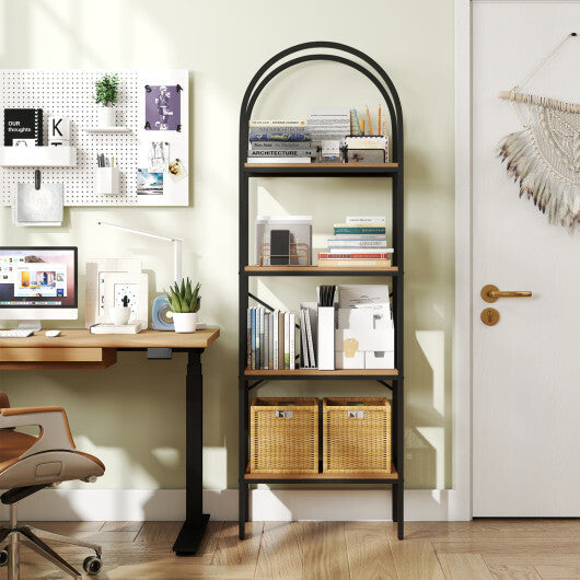71" Tall Arched Bookcase 4-Tier with Storage Shelves & Metal Frame for Home Office-Brown & Black W2B