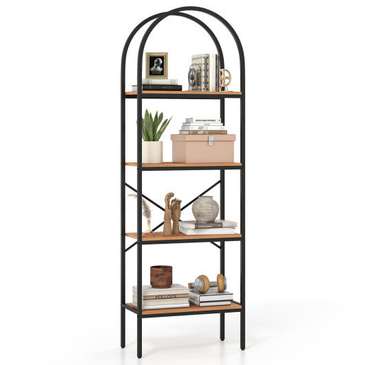 71" Tall Arched Bookcase 4-Tier with Storage Shelves & Metal Frame for Home Office-Brown & Black W2B