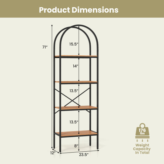 71" Tall Arched Bookcase 4-Tier with Storage Shelves & Metal Frame for Home Office-Brown & Black W2B