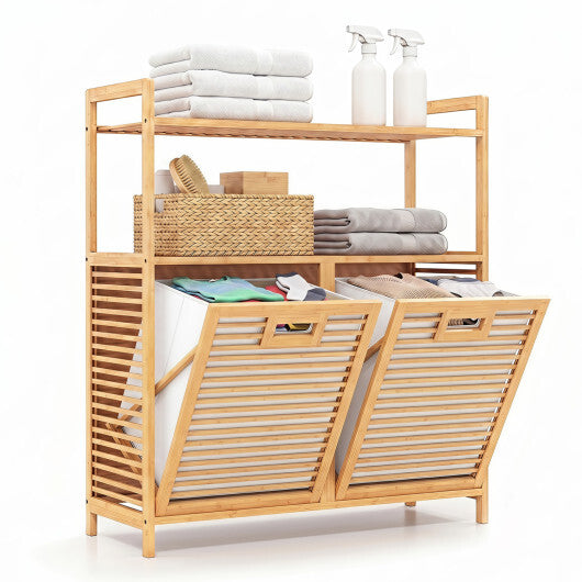 Double Tilt Out Laundry Hamper with 2 Shelves for Dirty Clothes-Natural W2B