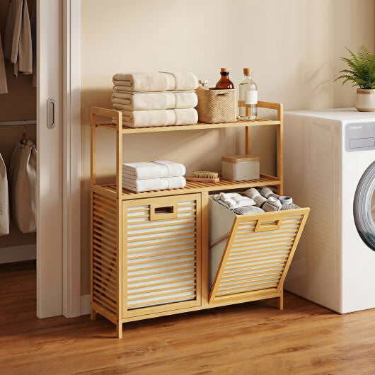 Double Tilt Out Laundry Hamper with 2 Shelves for Dirty Clothes-Natural W2B