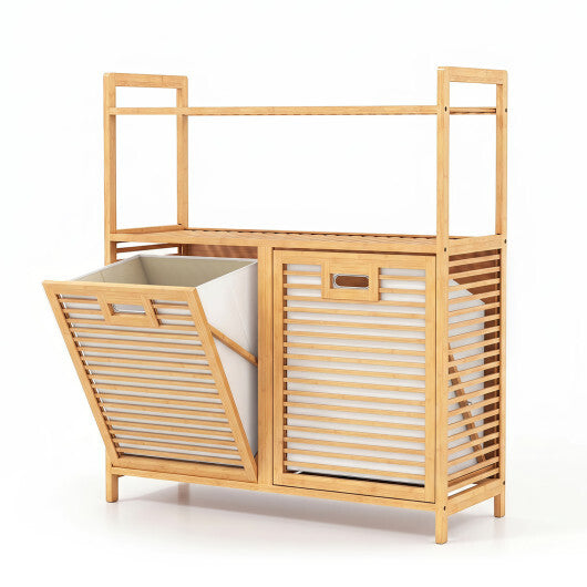 Double Tilt Out Laundry Hamper with 2 Shelves for Dirty Clothes-Natural W2B