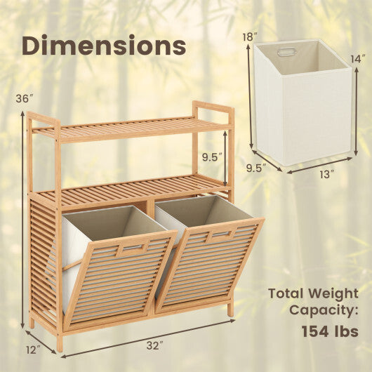 Double Tilt Out Laundry Hamper with 2 Shelves for Dirty Clothes-Natural W2B