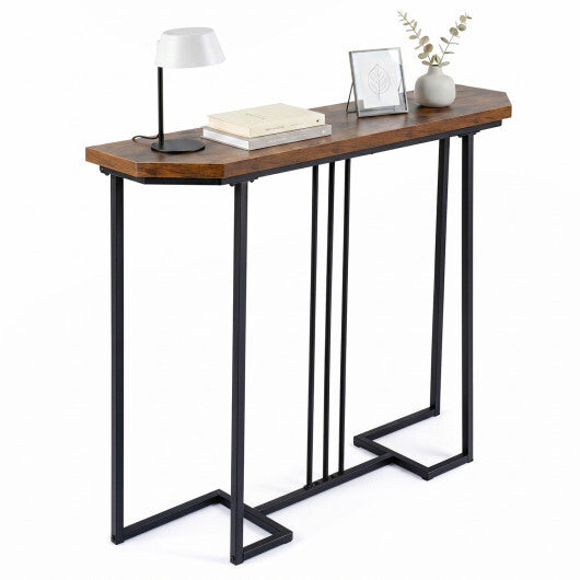 Modern Console Table Narrow Entryway Table with Metal Legs-Rustic Brown W2B