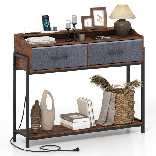 Console Table with Charging Station 110 cm Narrow Entryway Table with 2 Drawers and Shelves-Rustic Brown W2B