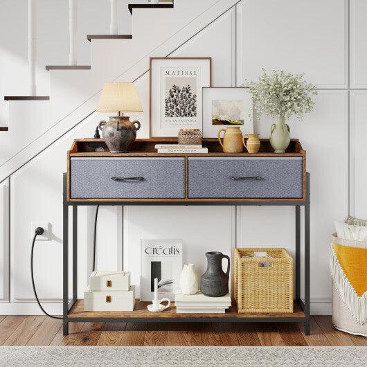 Console Table with Charging Station 110 cm Narrow Entryway Table with 2 Drawers and Shelves-Rustic Brown W2B