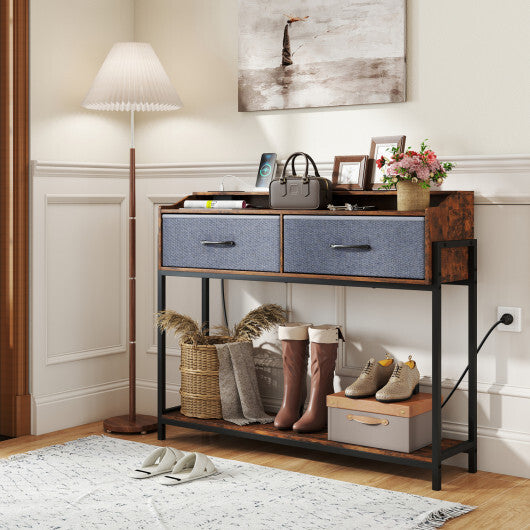 Console Table with Charging Station 110 cm Narrow Entryway Table with 2 Drawers and Shelves-Rustic Brown W2B