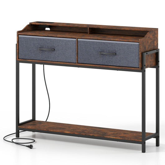 Console Table with Charging Station 110 cm Narrow Entryway Table with 2 Drawers and Shelves-Rustic Brown W2B