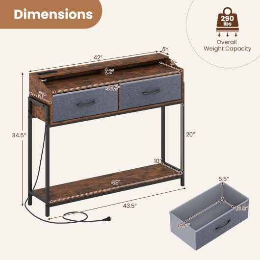 Console Table with Charging Station 110 cm Narrow Entryway Table with 2 Drawers and Shelves-Rustic Brown W2B