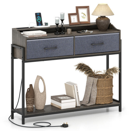 Console Table with Charging Station 110 cm Narrow Entryway Table with 2 Drawers and Shelves-Rustic Brown W2B