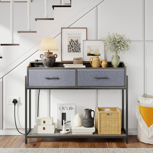 Console Table with Charging Station 110 cm Narrow Entryway Table with 2 Drawers and Shelves-Rustic Brown W2B