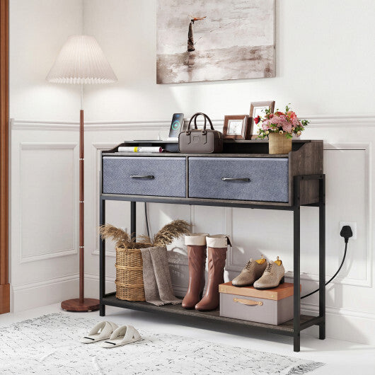 Console Table with Charging Station 110 cm Narrow Entryway Table with 2 Drawers and Shelves-Rustic Brown W2B