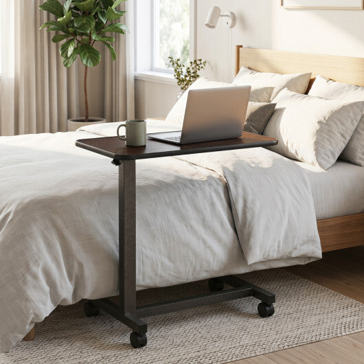 Overbed Table with Lockable Rolling Wheels and Sturdy H-Shaped Base for Hospital and Home Use-Walnut W2B