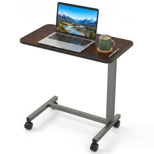 Overbed Table with Lockable Rolling Wheels and Sturdy H-Shaped Base for Hospital and Home Use-Walnut W2B