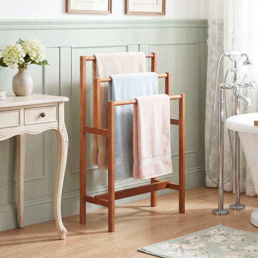 Solid Wood 3-Tier Freestanding Towel Rack with Teak Oil Finish W2B
