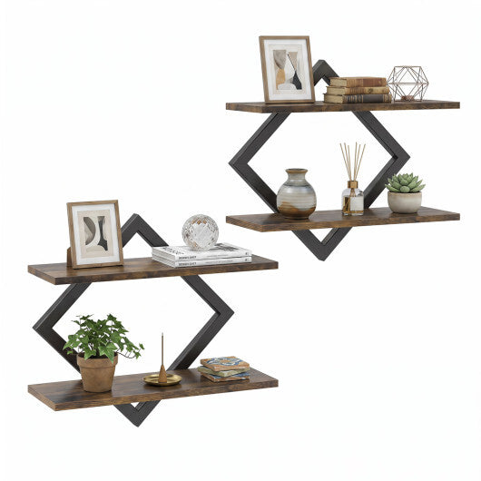 Set of 2 Metal Floating Shelves for Wall with Geometric Frame-Rustic Brown W2B