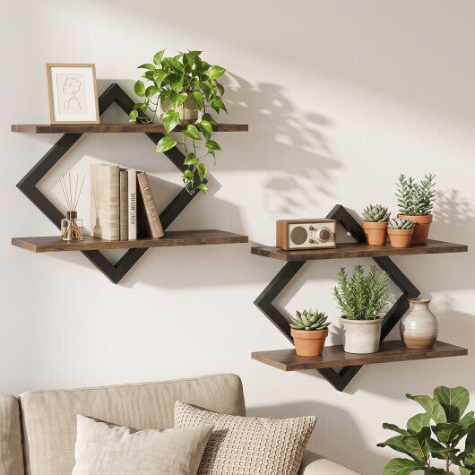 Set of 2 Metal Floating Shelves for Wall with Geometric Frame-Rustic Brown W2B