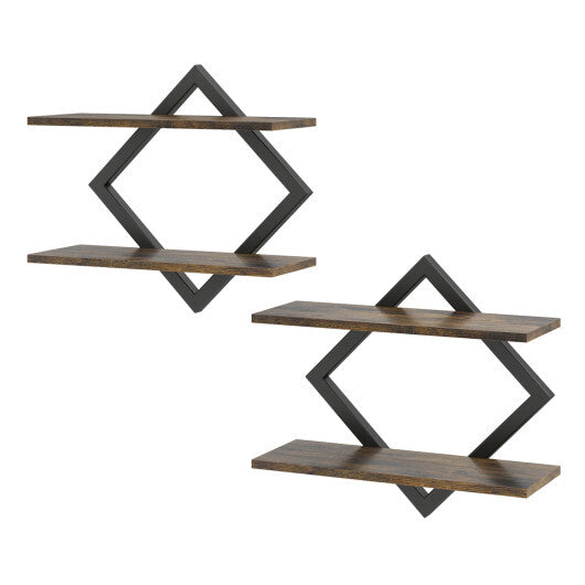 Set of 2 Metal Floating Shelves for Wall with Geometric Frame-Rustic Brown W2B