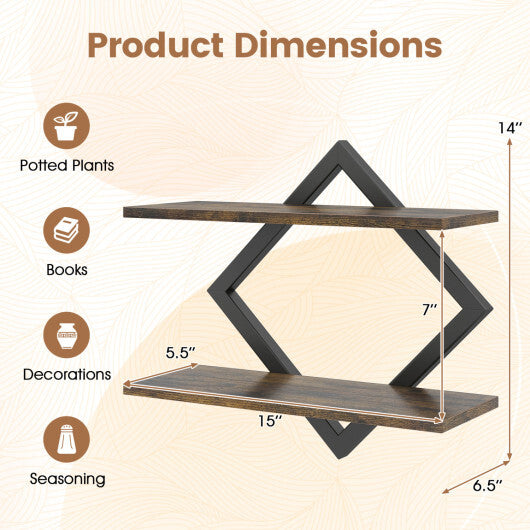 Set of 2 Metal Floating Shelves for Wall with Geometric Frame-Rustic Brown W2B