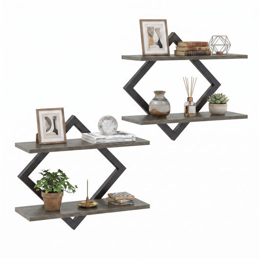 Set of 2 Metal Floating Shelves for Wall with Geometric Frame-Rustic Brown W2B