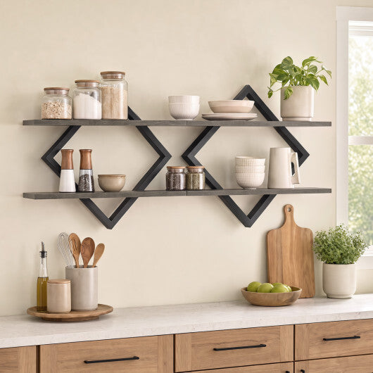 Set of 2 Metal Floating Shelves for Wall with Geometric Frame-Rustic Brown W2B