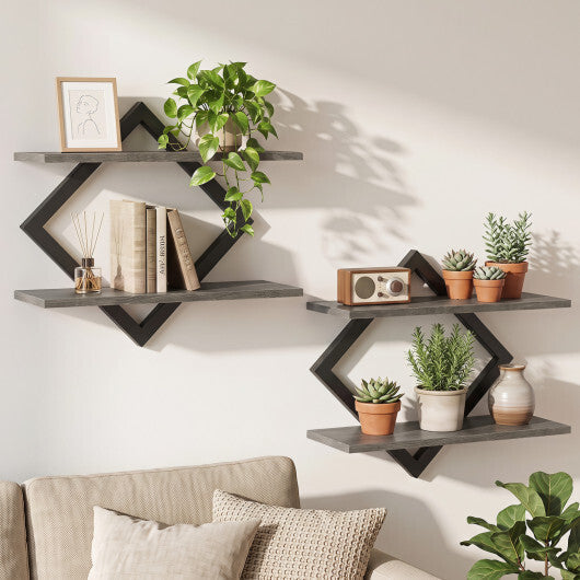 Set of 2 Metal Floating Shelves for Wall with Geometric Frame-Rustic Brown W2B