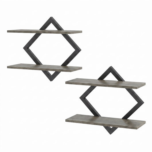 Set of 2 Metal Floating Shelves for Wall with Geometric Frame-Rustic Brown W2B