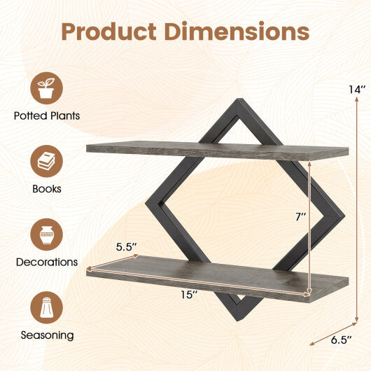 Set of 2 Metal Floating Shelves for Wall with Geometric Frame-Rustic Brown W2B