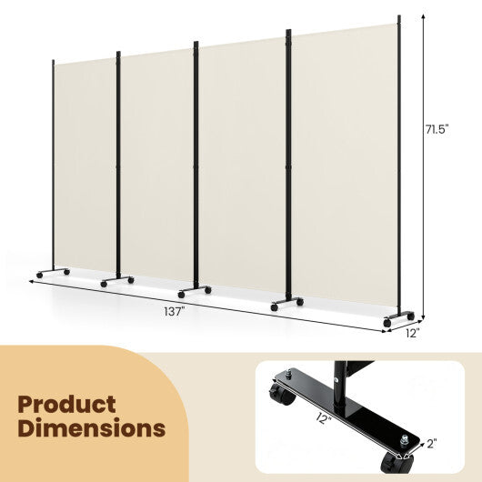 4 Panel Folding Privacy Screen Room Divider with Wheels-White W2B
