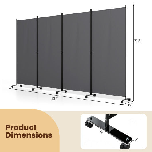 4 Panel Folding Privacy Screen Room Divider with Wheels-White W2B