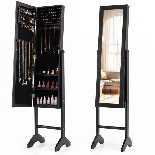 Freestanding Jewelry Armoire with Velvet Lining and Full Length Mirror-Black W2B