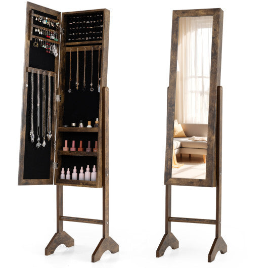 Freestanding Jewelry Armoire with Velvet Lining and Full Length Mirror-Black W2B