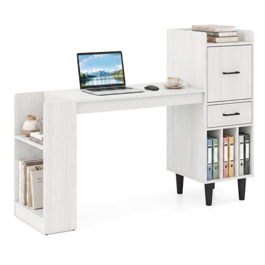 59" Home Office Desk with Side Storage Shelves and Drawer Cabinets for Bedroom-White W2B