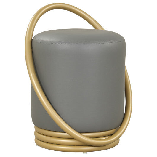 Round Vanity Stool Faux Leather Makeup Chair with Gold Halo Design-Grey W2B