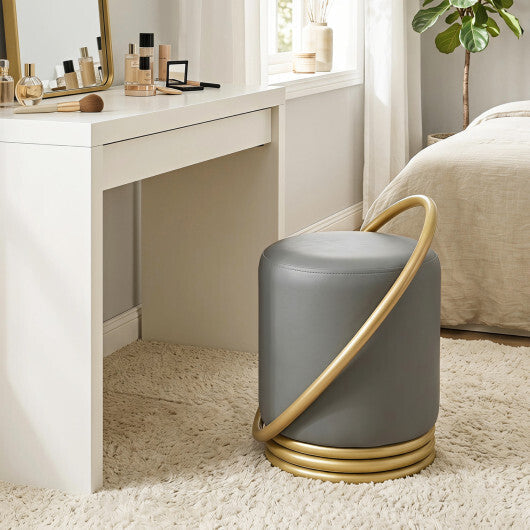 Round Vanity Stool Faux Leather Makeup Chair with Gold Halo Design-Grey W2B