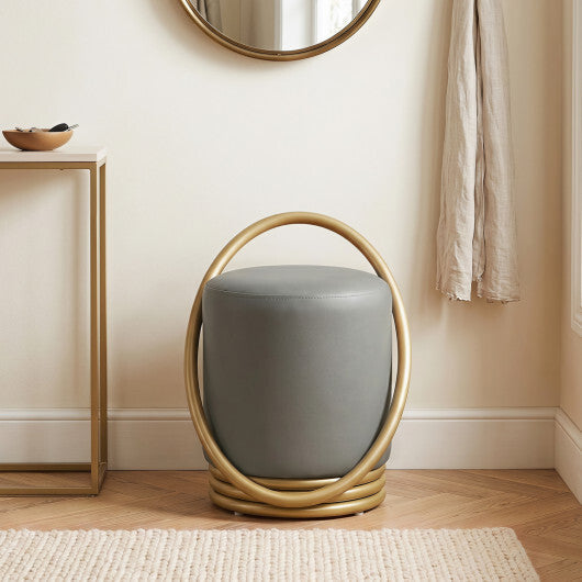 Round Vanity Stool Faux Leather Makeup Chair with Gold Halo Design-Grey W2B