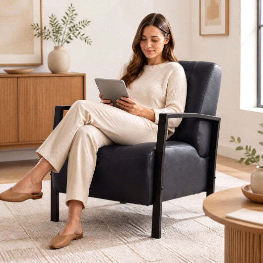 PU Leather Upholstered Armchair with Padded Seat and Back Comfy Lounge Reading Chair-Black W2B